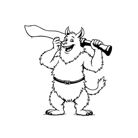 A whimsical illustration of a cheerful wolf character holding a spyglass and banner, perfect for adding a playful touch to children's designs and creative projects.のイラスト素材