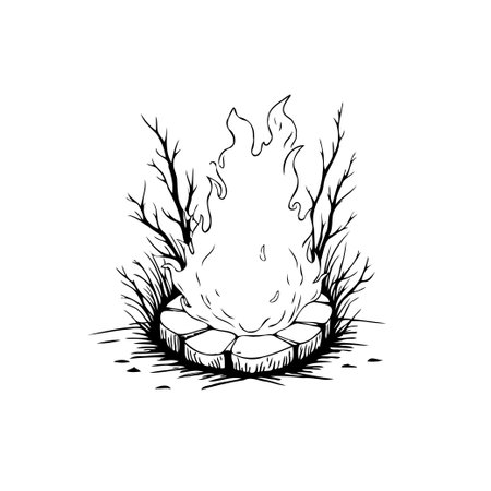 A captivating black and white drawing of a campfire, with bright flames dancing within a circle of stones surrounded by nature, evokes a sense of warmth and peacefulness.のイラスト素材