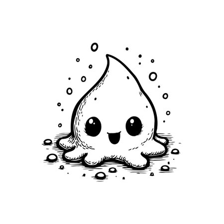This is a charming kawaii character illustration, a delightful cartoon doodle with ink detailing. The creature's happy smile and bubbly appearance radiates joyful spirit.のイラスト素材