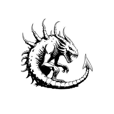 A black and white illustration shows a fierce dragon coiled into a circle, scales and spikes. This fantasy creature exudes a gothic and menacing aura.のイラスト素材