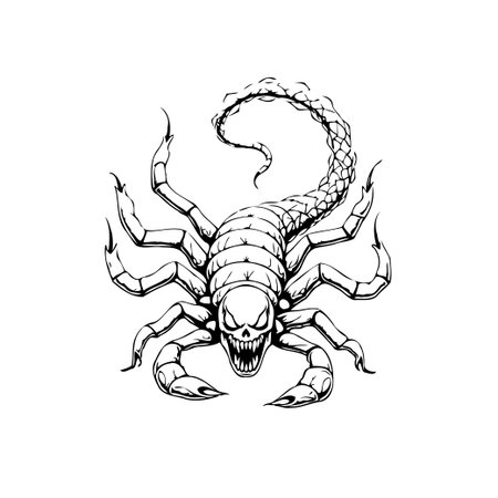 Detailed vector illustration showcasing a menacing scorpion with a skull head. The design features intricate linework and emphasizes the creature's dangerous and venomous nature.のイラスト素材