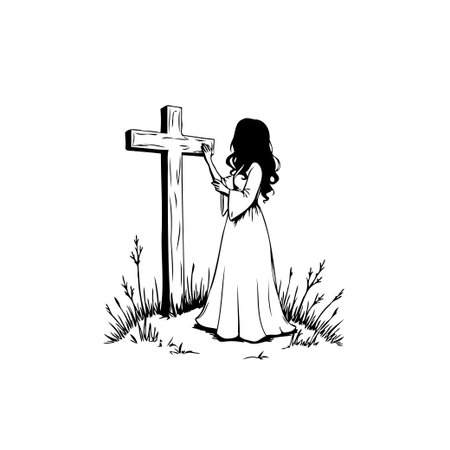 Illustration of a woman standing next to a cross, representing faith and spirituality. The artwork evokes feelings of hope and devotion. Suitable for religious or spiritual themes.のイラスト素材