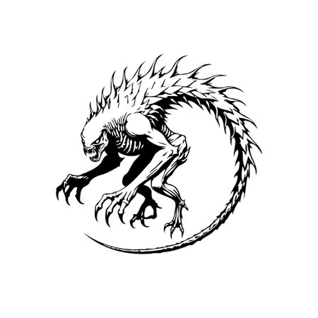 Detailed black and white illustration of a terrifying fantasy monster. Perfect for horror themes, tattoo designs, or gothic art projects. Features sharp claws, teeth, and spiky details.のイラスト素材