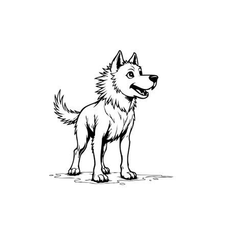A cute dog sketch with black and white lines of a cheerful puppy. Can be use for any design projects.のイラスト素材