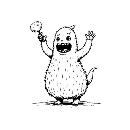 A delightful cartoon monster illustration featuring a fluffy, happy character holding a lollipop. The whimsical design is perfect for adding a touch of fun to any project.のイラスト素材
