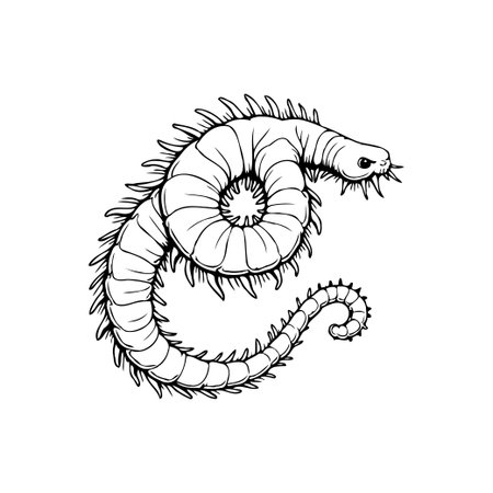 This is a detailed black and white illustration of a stylized spiky worm creature. The worm's body is curled in a spiral shape and it features many spikes.のイラスト素材