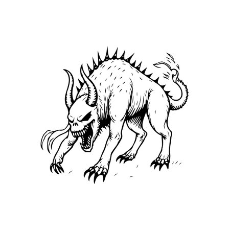 A scary illustration showcasing a monstrous creature with horns and sharp teeth. The image presents a terrifying beast, perfect for fantasy or horror themes.のイラスト素材