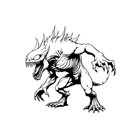 A menacing monster with sharp teeth and claws stands poised for action. The black and white illustration evokes a sense of danger and spookiness.のイラスト素材