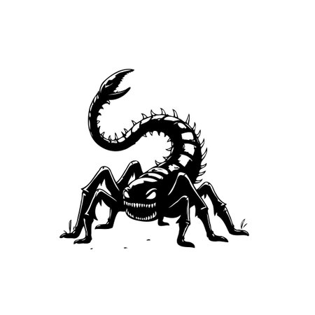 A menacing scorpion monster illustration in striking black and white. Perfect for dark fantasy designs, horror themes, or graphic novel projects. The bold lines and sharp details convey danger and intrigueのイラスト素材