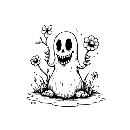 A charming black and white illustration of a cute ghost cheerfully holding flowers in a grassy field, perfect for Halloween or whimsical designs.のイラスト素材