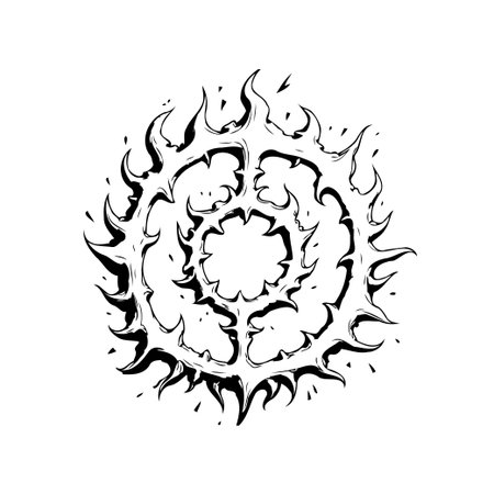 A black and white illustration features a circular flame design with intricate patterns. The abstract artwork evokes a sense of dynamic energy and artistic creativity.のイラスト素材