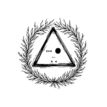 A minimalistic black and white illustration of a triangle containing dots and a circle, surrounded by a floral wreath. The artwork invokes a mystical and esoteric atmosphere.のイラスト素材
