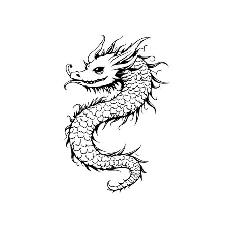 This striking illustration features a detailed dragon in black and white. The image captures the essence of mythical creatures and artistic design, perfect for use as a tattoo inspiration.のイラスト素材