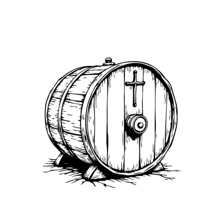 This black and white illustration depicts a vintage wine barrel, showcasing the craftsmanship and traditional methods of wine production. The detailed lines and shading create a rustic and aged feel.のイラスト素材