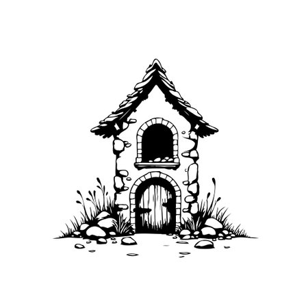 A charming old stone house illustration isolated on a white background with architectural details. This whimsical drawing captures the rustic charm and storybook vibe.のイラスト素材