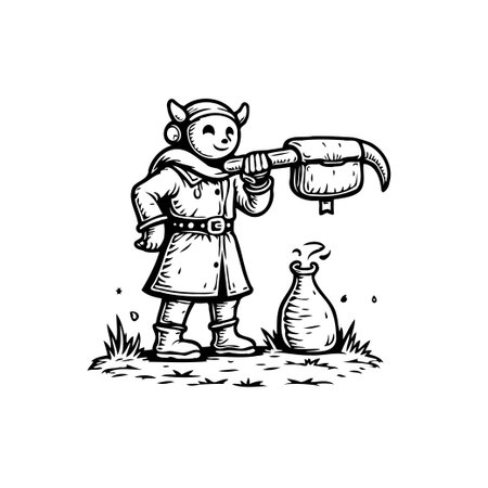A charming illustration of an elf holding a large mallet next to a potion, evoking a magical and adventurous atmosphere. Perfect for fantasy-themed projects.のイラスト素材