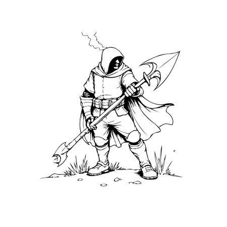A bold line art illustration depicts a hooded warrior standing with a spear, ready for battle in a magical, fantasy setting.のイラスト素材