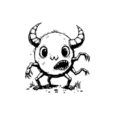 A cartoonish monster with horns and multiple arms is depicted in a fun, whimsical style, perfect for illustrating children's stories or creating playful designs.のイラスト素材