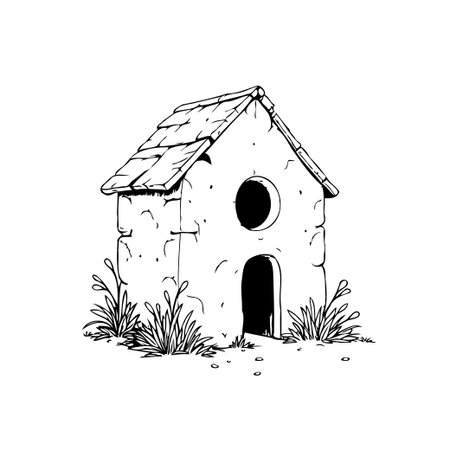 Hand-drawn illustration of a small, stone house surrounded by plants. A simple, cute design suitable for coloring books or graphic elements.のイラスト素材