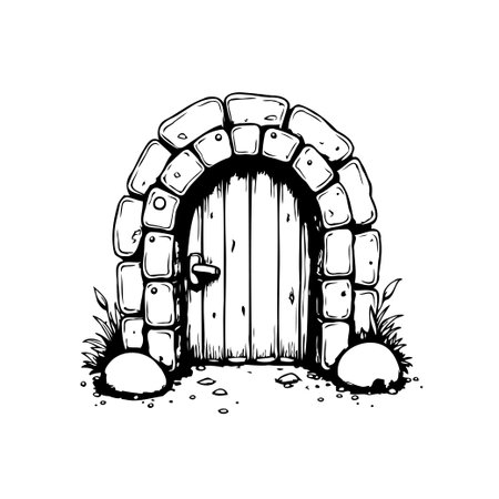 A cartoon drawing shows an arch-shaped door made of stone and wood, evoking a sense of fairytale fantasy and beckoning viewers to embark on an imaginative adventure.のイラスト素材