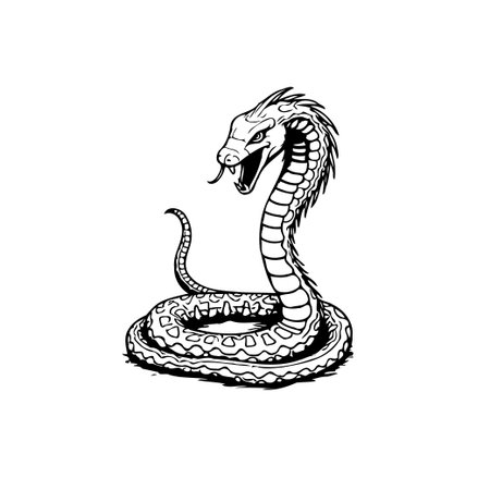 Illustration of a snake in a black and white drawing style ready to attack and showing its fangs, depicting danger and aggression.のイラスト素材