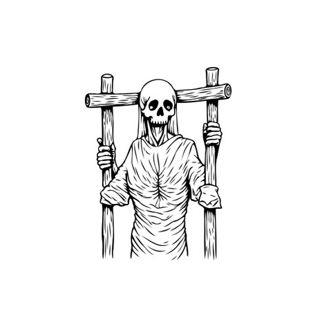 A hand-drawn illustration features a creepy skeleton standing behind a wooden cross. Perfect for Halloween, gothic themes, and dark art projects.のイラスト素材