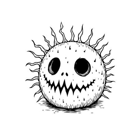 A whimsical Halloween illustration showcasing a spooky sun character with a playful charm. The design features a black and white style.のイラスト素材
