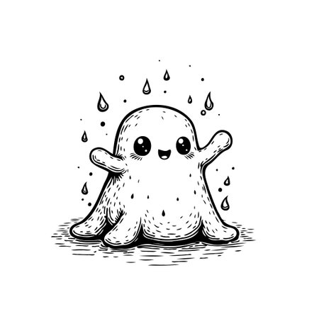 A charming illustration of a cute ghost character with water drops. Perfect for adding a whimsical touch to Halloween designs and projects.のイラスト素材