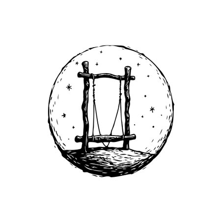 An enchanting black and white illustration featuring a rustic wooden swing set against a starry landscape. This image evokes feelings of childhood wonder and peaceful solitude.のイラスト素材