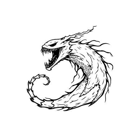 A black and white drawing of a dragon shows the creature in a curving motion, evoking a sense of mystique and danger. A perfect design for artwork.のイラスト素材