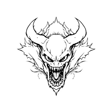 This illustration showcases a menacing demon face with sharp teeth and prominent horns. The design is perfect for fantasy, horror, and mythical themes.のイラスト素材