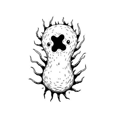 A black and white illustration shows a cartoon microbe with tentacles and a cross-shaped mouth, sketched in a playful, slightly creepy style.のイラスト素材