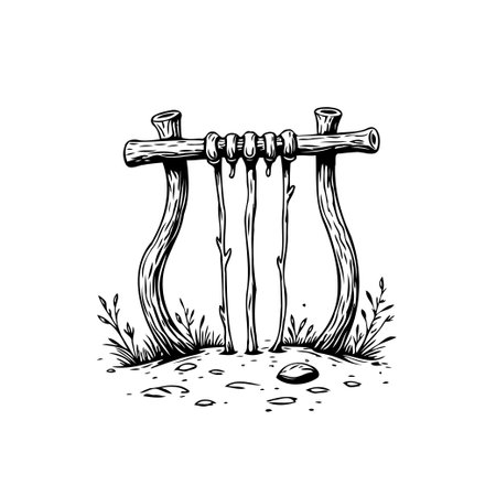 Elegant hand drawn wood lyre illustration for children's book illustration with fantasy elements. Isolated on white background in minimalist style, providing a charming and natural aestheticのイラスト素材