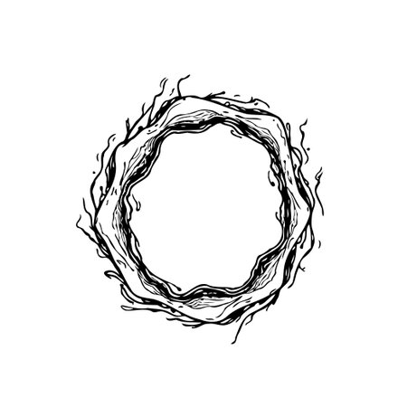 An ink sketch showcases a twisting organic wreath frame. Detailed linework captures the essence of nature, creating a versatile element for various design projects. It is displayed on a white background.のイラスト素材