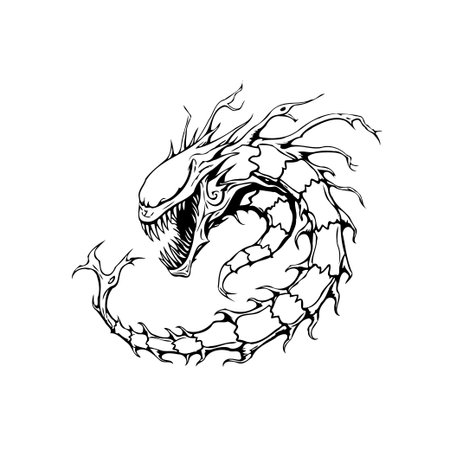 Stylized alien creature illustration showcasing a fearsome design with intricate details. The black and white artwork creates a captivating and terrifying visual effect.のイラスト素材