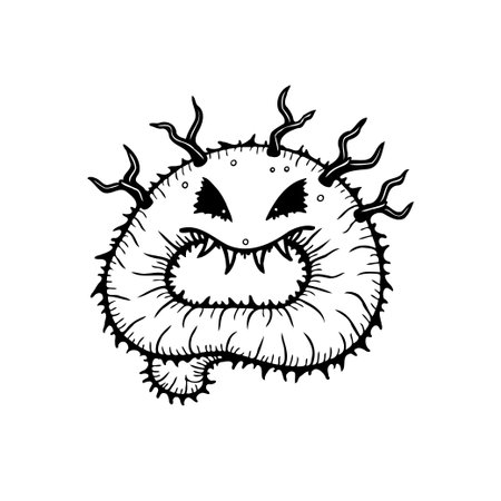 This is an illustration of a scary cartoon virus, perfect for educational materials. It's designed with spiky surface and an angry face.のイラスト素材