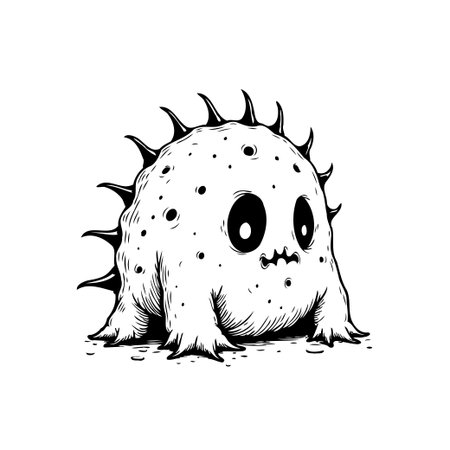 A black and white illustration showcases a cartoon monster with spikes, big eyes, and a spooky yet cute design, perfect for various graphic and design applications.のイラスト素材