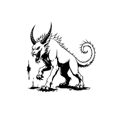 A black and white illustration presents a menacing creature, a blend of mythical and monstrous, with sharp horns, claws, and a fiercely snarling expression.のイラスト素材