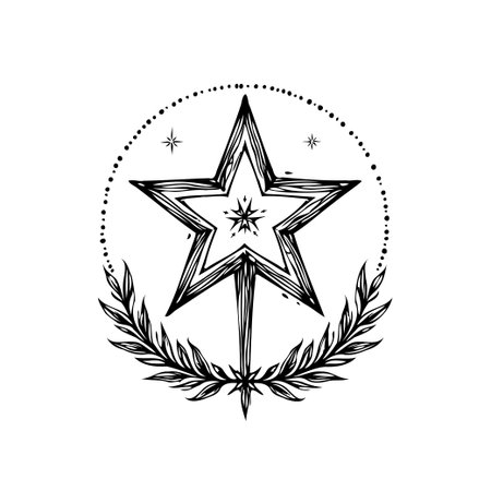 Mystical celestial star with leaves vector illustration for esoteric magic spiritualism divine practices. Hand drawn sketch design element.のイラスト素材