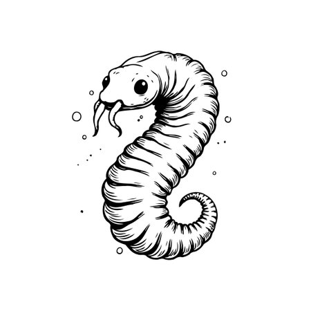 An illustrative drawing features a cartoonish worm in black and white, showcasing a creepy yet whimsical creature and artistic design.のイラスト素材