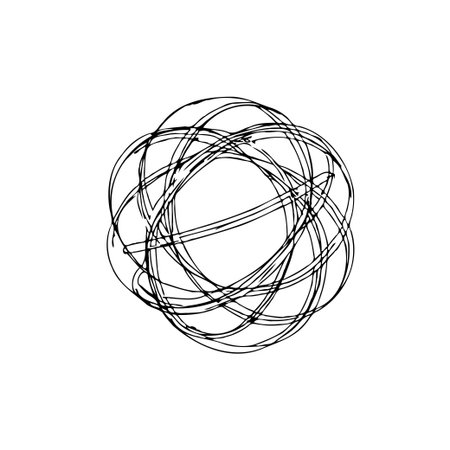 A minimalistic vector graphic features a chaotic arrangement of scribbled lines forming an abstract sphere, suitable for creative design presentations and backgrounds.のイラスト素材