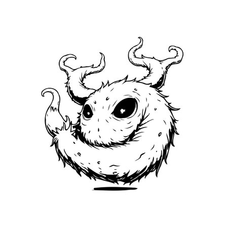 Spooky and cute cartoon monster with curly horns, fluffy texture in a black and white drawing style, perfect for graphic designs.のイラスト素材