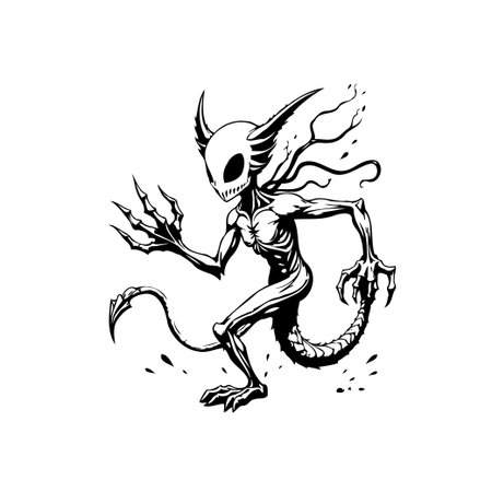 An illustration showcases a horned alien creature with sharp claws and a long tail. The black and white drawing captures a spooky and mysterious essence.のイラスト素材