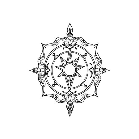 Detailed black and white illustration of an ornate compass rose, evoking a sense of vintage exploration and nautical history, suitable for design projects.のイラスト素材