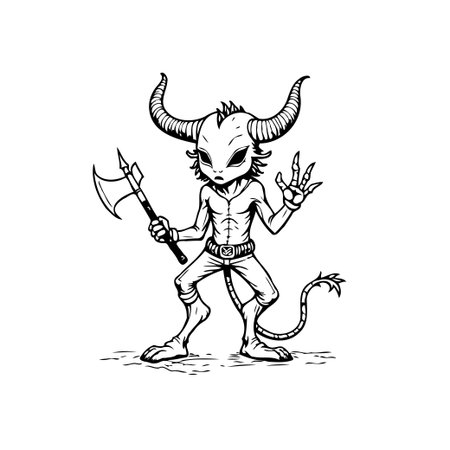Illustration of a horned humanoid creature holding an axe, isolated on a white background. This is perfect for representing fantasy world and monstersのイラスト素材