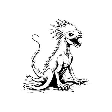 A hand-drawn illustration showcases a fantasy creature, resembling a lizard with a monstrous face and sharp teeth. This drawing evokes a sense of danger and imagination.のイラスト素材
