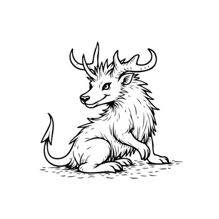 This delightful hand-drawn fantasy creature boasts majestic antlers and a mischievous tail, sitting with an air of whimsical charm against a clean white backdrop.のイラスト素材