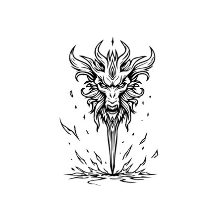 Monochromatic dragon head design with flame aura. This isolated fantasy illustration is perfect for creative graphic projects and adding a touch of mysticism.のイラスト素材