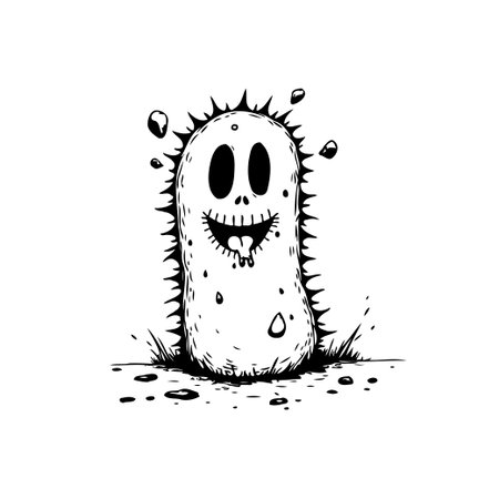 A cartoon illustration features a spooky, smiling germ character with a spiky outline, adding a playful yet eerie touch. Great for medical and educational themes.のイラスト素材