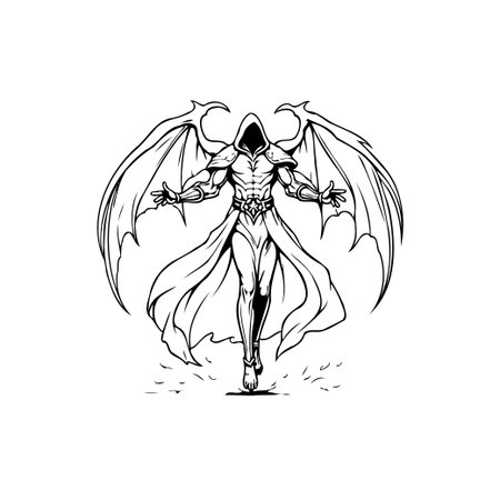 A captivating black and white illustration of a fantasy reaper character with wings. The figure stands with outstretched arms, exuding power and mystique.のイラスト素材